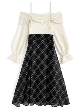 チェック柄ドッキングオフショルダーフレアワンピース