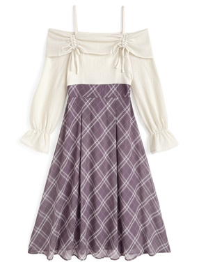 チェック柄ドッキングオフショルダーフレアワンピース