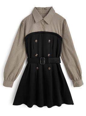 ベルト付きチェック柄シャツドッキングミニワンピース