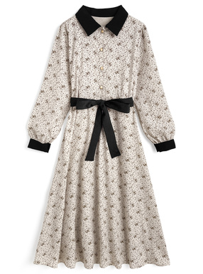 リボンベルト付き花柄配色ワンピース