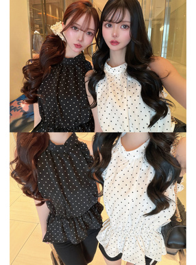 ドット柄サイドリボンアメスリフリルブラウス