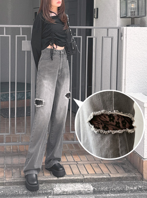 サイドカッティングレースデニムパンツ