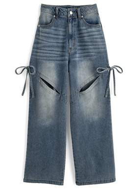 カットアウトリボンワイドデニムパンツ