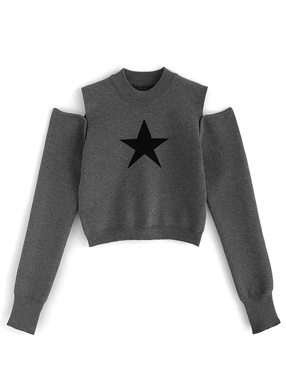 スターショルダーオープンニットトップス