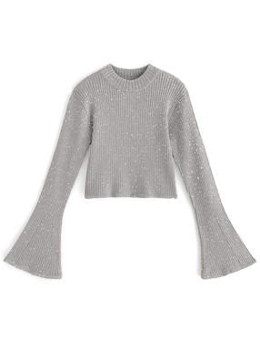 ラメニットフレアスリーブショート丈トップス