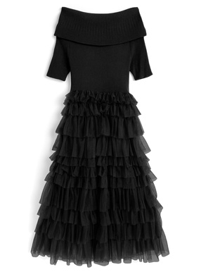 オフショルニットチュールワンピース