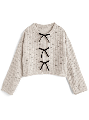 トリプルリボン透かし編みニットカーディガン