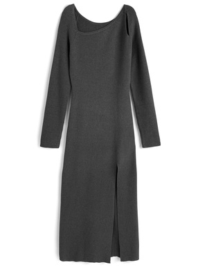 アシンメトリースリットリブニットワンピース