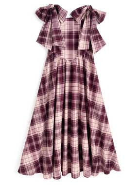 チェック柄ショルダーリボンフレアワンピース