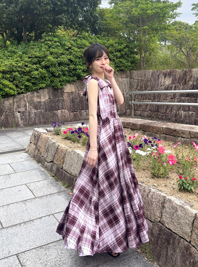チェック柄ショルダーリボンフレアワンピース
