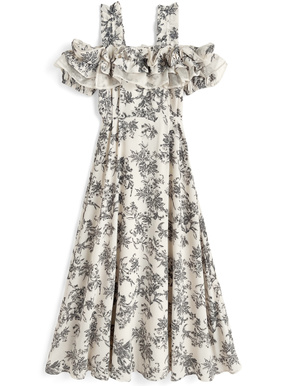 花柄フリルオフショルダーフレアワンピース