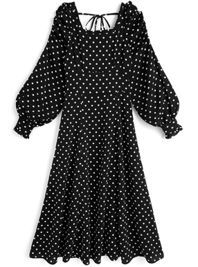 ドット柄パワーショルダーフレアワンピース