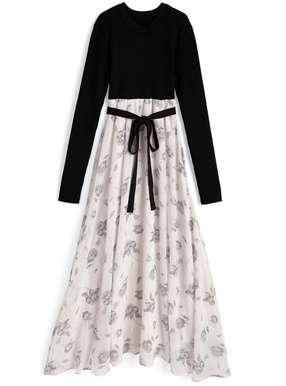 リボンベルト付きニットドッキング花柄ワンピース