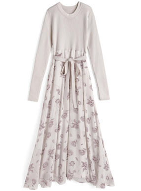 リボンベルト付きニットドッキング花柄ワンピース