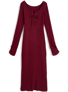 レースアップ袖ギャザーリブタイトロングワンピース