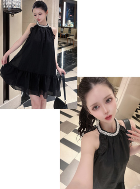 ★ネックビジューノースリーブティアードミニワンピース