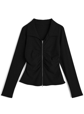 スキッパーギャザーダブルジップリブトップス