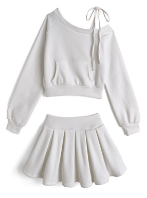 ワンショルダートップス×インパン裏地付きフレアミニスカートスウェットセットアップ