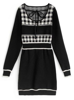 ギンガムチェック柄配色ラインニットミニワンピース