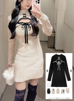 フロントオープン配色リボンワンピース