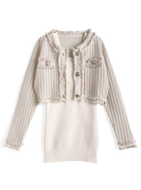 フリンジツイードカーディガン×リブミニワンピースニットセットアップ