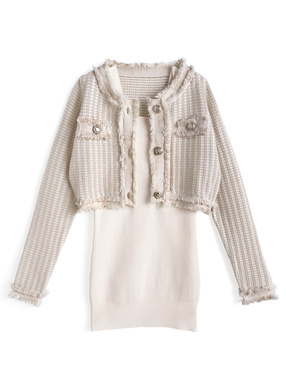 フリンジツイードカーディガン×リブミニワンピースニットセットアップ