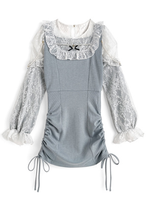 パールストラップ付きレースドッキングドロストリボンワンピース