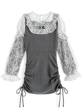 パールストラップ付きレースドッキングドロストリボンワンピース