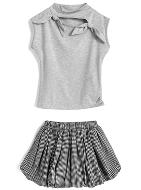 カットアウトリボンノースリトップス×ギンガムチェック柄バルーンミニスカートセットアップ