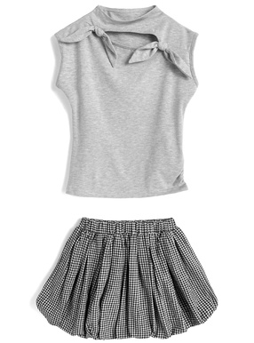 カットアウトリボンノースリトップス×ギンガムチェック柄バルーンミニスカートセットアップ