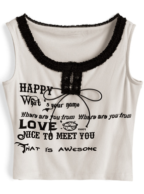 フリンジネックレースアップロゴプリントタンクトップ