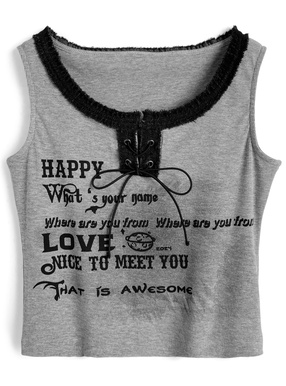 フリンジネックレースアップロゴプリントタンクトップ