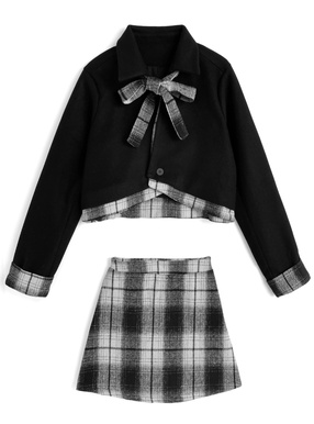 リボン付きチェック柄ドッキングジャケット×ミニスカートセットアップ