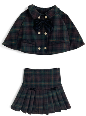 リボン付きチェック柄ポンチョ×プリーツミニスカートセットアップ