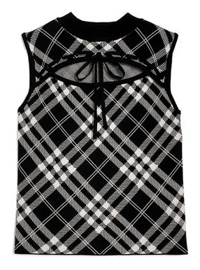 チェック柄フロントオープンリボンノースリーブニットトップス