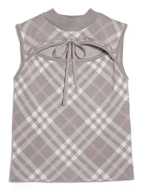 チェック柄フロントオープンリボンノースリーブニットトップス