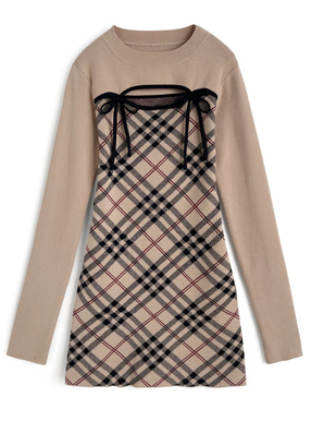 チェック柄フロントオープンリボンニットミニワンピース