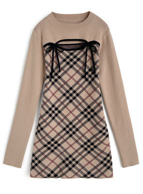 チェック柄フロントオープンリボンニットミニワンピース