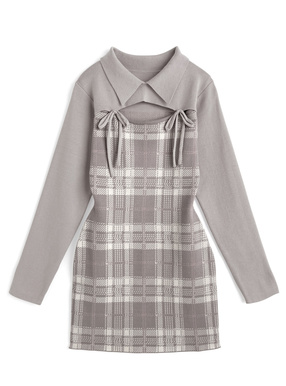 チェック柄フロントオープンリボンニットミニワンピース