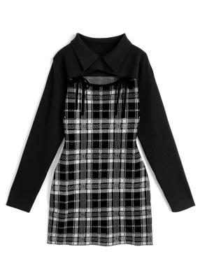 チェック柄フロントオープンリボンニットミニワンピース