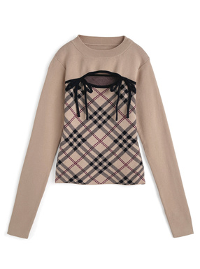 チェック柄フロントオープンリボンニットトップス