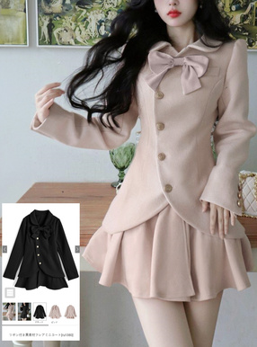 リボン付き異素材フレアミニコート