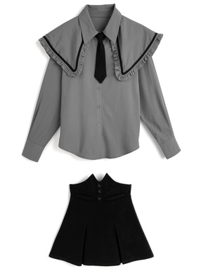 ネクタイ付きビッグカラーブラウス×デザインスカートセットアップ