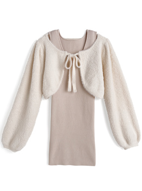 リボンシャギーボレロ×ミニワンピースニットセットアップ