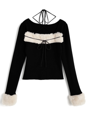 ファーホルターネックリボンニットトップス