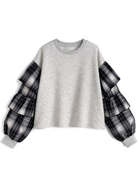 チェック柄ドッキングスウェットトップス