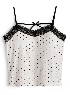 カップ付きドット柄リボンレースキャミソール
