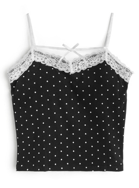 カップ付きドット柄リボンレースキャミソール