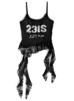 ロゴプリントアシンメトリーレースキャミソール