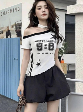 ナンバーロゴサイドラインワンショルダーアシンメトリートップス